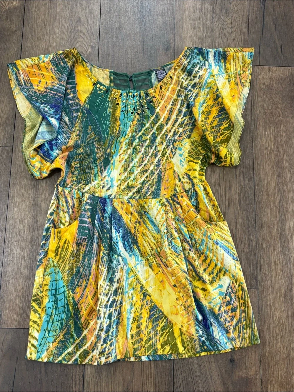 Free People Vibrant Abstract Print Mini Dress, Embellished Neck, Pockets, Size 4